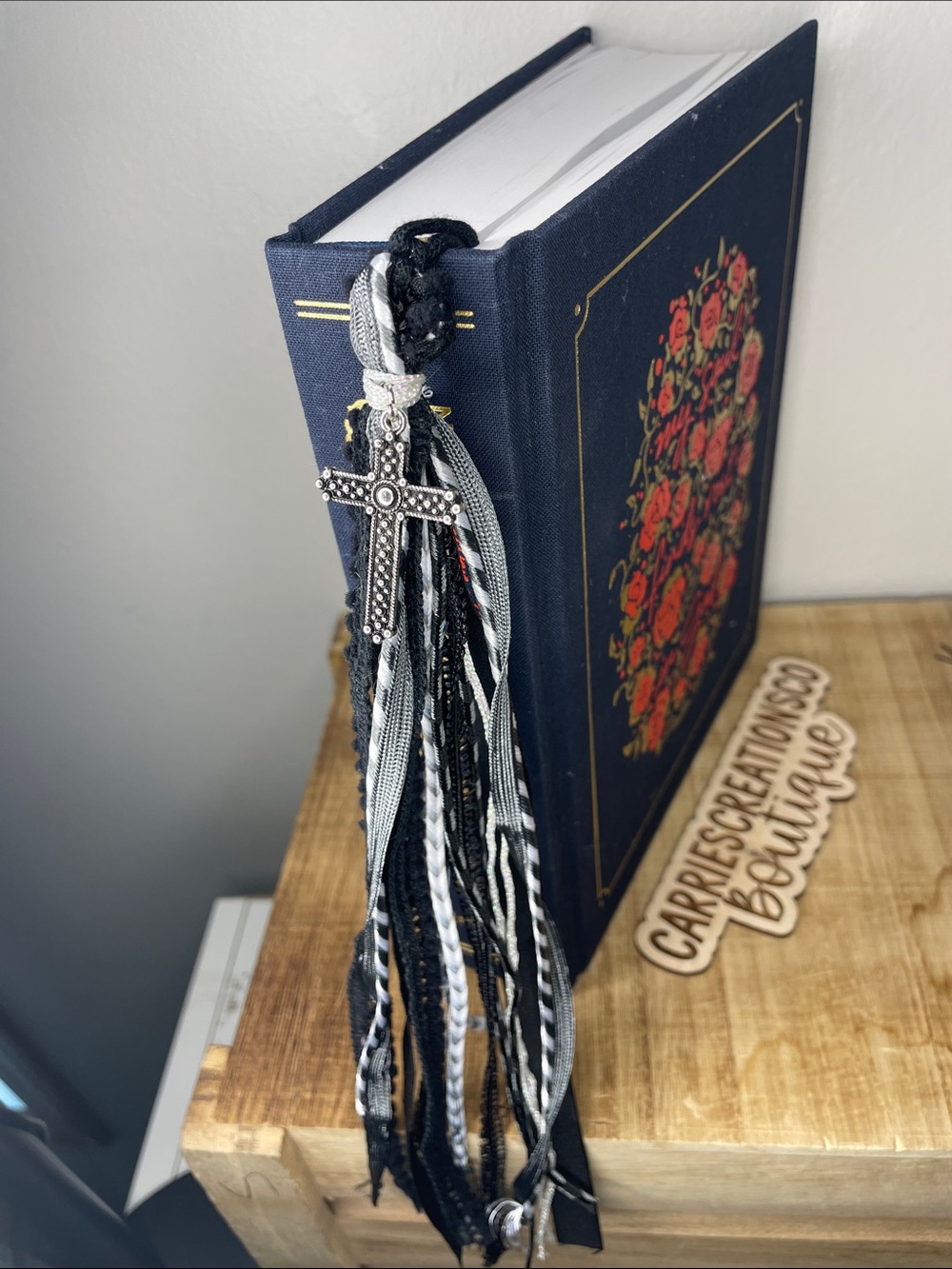 Black and Grey Bible Tassel Bookmark with Cross Charm